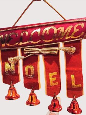 RARE Vintage Christmas Welcome Bells Door Hanger Velvet Antique Mid Century*44
